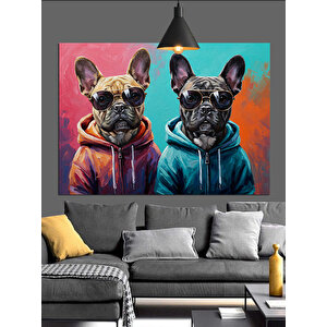 Kapüşonlu Giyimli İki Köpek Dekoratif Kanvas - Mdf Ahşap Tablo 70x100 cm
