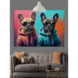 Kapüşonlu Giyimli İki Köpek Dekoratif Kanvas - Mdf Ahşap Tablo 70x100 cm