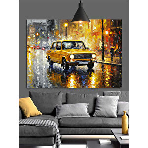 Yağmurlu Sokakta Sarı Taksi Dekoratif Kanvas - Mdf Ahşap Tablo 70x100 cm