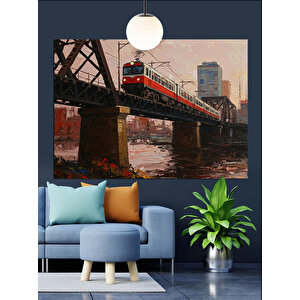 Kırmızı Tren Köprü Üstünde Dekoratif Kanvas - Mdf Ahşap Tablo 35x50 cm