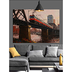 Kırmızı Tren Köprü Üstünde Dekoratif Kanvas - Mdf Ahşap Tablo