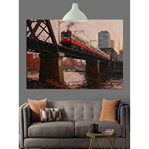 Kırmızı Tren Köprü Üstünde Dekoratif Kanvas - Mdf Ahşap Tablo