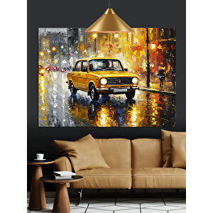 Yağmurlu Sokakta Sarı Taksi Dekoratif Kanvas - Mdf Ahşap Tablo 25x35 cm