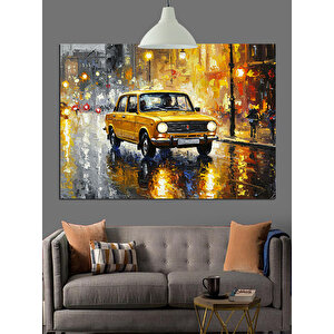 Yağmurlu Sokakta Sarı Taksi Dekoratif Kanvas - Mdf Ahşap Tablo 70x100 cm