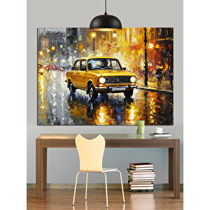 Yağmurlu Sokakta Sarı Taksi Dekoratif Kanvas - Mdf Ahşap Tablo