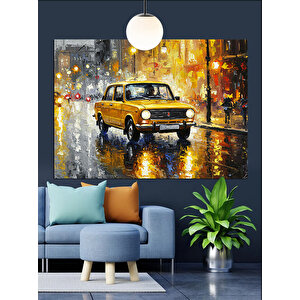 Yağmurlu Sokakta Sarı Taksi Dekoratif Kanvas - Mdf Ahşap Tablo