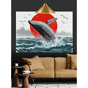 Kırmızı Güneş Ve Balina Dekoratif Kanvas - Mdf Ahşap Tablo 35x50 cm