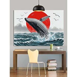 Kırmızı Güneş Ve Balina Dekoratif Kanvas - Mdf Ahşap Tablo 25x35 cm
