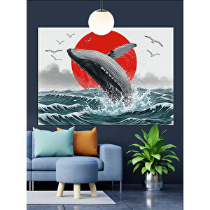 Kırmızı Güneş Ve Balina Dekoratif Kanvas - Mdf Ahşap Tablo 25x35 cm