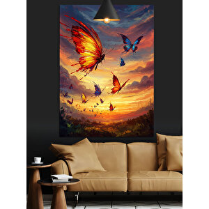 Kelebekler Gün Batımı Dekoratif Kanvas - Mdf Ahşap Tablo