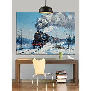 Karlı Ormanda Buharlı Tren Dekoratif Kanvas - Mdf Ahşap Tablo