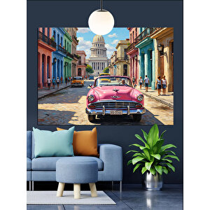 Pembe Klasik Araba Sokak Dekoratif Kanvas - Mdf Ahşap Tablo 35x50 cm