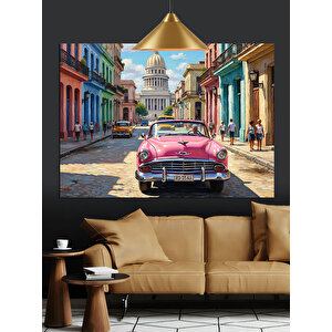 Pembe Klasik Araba Sokak Dekoratif Kanvas - Mdf Ahşap Tablo 50x70 cm