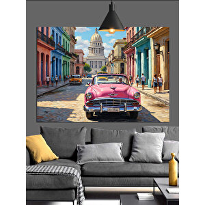 Pembe Klasik Araba Sokak Dekoratif Kanvas - Mdf Ahşap Tablo 50x70 cm