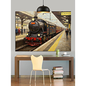Peronda Bekleyen Buharlı Tren Dekoratif Kanvas - Mdf Ahşap Tablo 70x100 cm