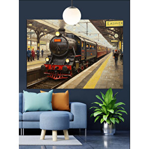 Peronda Bekleyen Buharlı Tren Dekoratif Kanvas - Mdf Ahşap Tablo 70x100 cm