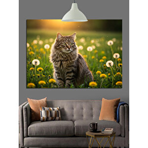 Papatyalar İçinde Gri Kedi Dekoratif Kanvas - Mdf Ahşap Tablo 25x35 cm