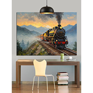 Dağ Manzarasında Buharlı Tren Dekoratif Kanvas - Mdf Ahşap Tablo