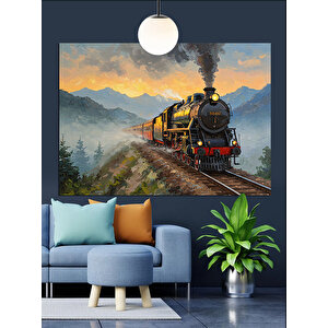 Dağ Manzarasında Buharlı Tren Dekoratif Kanvas - Mdf Ahşap Tablo
