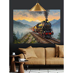 Dağ Manzarasında Buharlı Tren Dekoratif Kanvas - Mdf Ahşap Tablo 35x50 cm