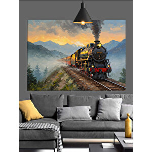 Dağ Manzarasında Buharlı Tren Dekoratif Kanvas - Mdf Ahşap Tablo 35x50 cm