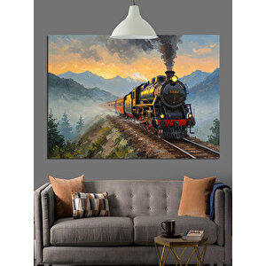Dağ Manzarasında Buharlı Tren Dekoratif Kanvas - Mdf Ahşap Tablo 35x50 cm