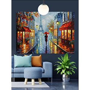 Yağmurlu Sokakta Kırmızı Şemsiye Dekoratif Kanvas - Mdf Ahşap Tablo