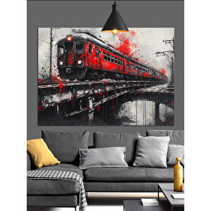 Kırmızı Tren Köprü Üstünde Dekoratif Kanvas - Mdf Ahşap Tablo 50x70 cm