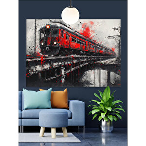 Kırmızı Tren Köprü Üstünde Dekoratif Kanvas - Mdf Ahşap Tablo