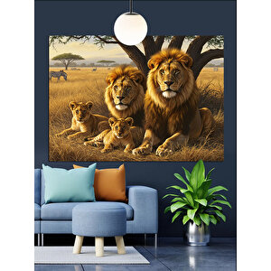 Afrika Savanında Aslan Ailesi Dekoratif Kanvas - Mdf Ahşap Tablo