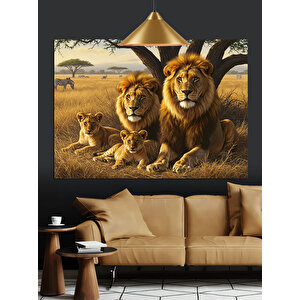 Afrika Savanında Aslan Ailesi Dekoratif Kanvas - Mdf Ahşap Tablo