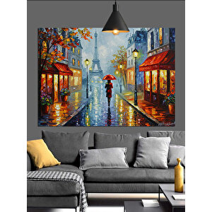 Yağmurlu Sokakta Kırmızı Şemsiye Dekoratif Kanvas - Mdf Ahşap Tablo 70x100 cm