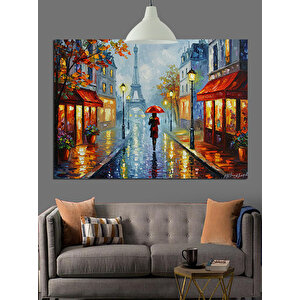 Yağmurlu Sokakta Kırmızı Şemsiye Dekoratif Kanvas - Mdf Ahşap Tablo 70x100 cm