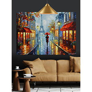 Yağmurlu Sokakta Kırmızı Şemsiye Dekoratif Kanvas - Mdf Ahşap Tablo