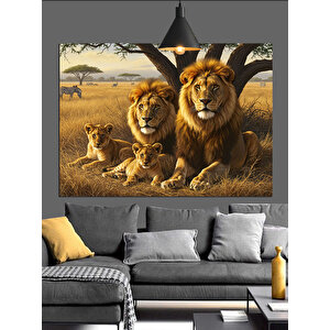 Afrika Savanında Aslan Ailesi Dekoratif Kanvas - Mdf Ahşap Tablo 70x100 cm