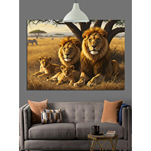 Afrika Savanında Aslan Ailesi Dekoratif Kanvas - Mdf Ahşap Tablo 70x100 cm