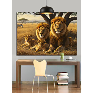 Afrika Savanında Aslan Ailesi Dekoratif Kanvas - Mdf Ahşap Tablo 70x100 cm