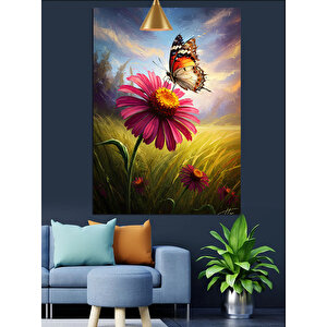 Papatya Üstü Kelebek Dekoratif Kanvas - Mdf Ahşap Tablo 35x50 cm