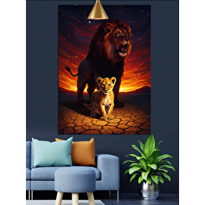 Aslan Ve Yavrusu Çöl Dekoratif Kanvas - Mdf Ahşap Tablo 70x100 cm