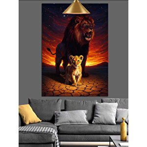 Aslan Ve Yavrusu Çöl Dekoratif Kanvas - Mdf Ahşap Tablo 70x100 cm