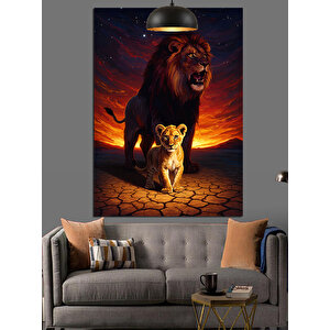 Aslan Ve Yavrusu Çöl Dekoratif Kanvas - Mdf Ahşap Tablo