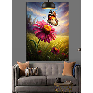 Papatya Üstü Kelebek Dekoratif Kanvas - Mdf Ahşap Tablo 50x70 cm