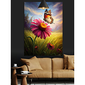Papatya Üstü Kelebek Dekoratif Kanvas - Mdf Ahşap Tablo 50x70 cm