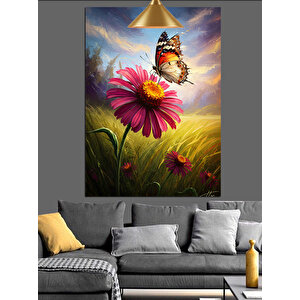 Papatya Üstü Kelebek Dekoratif Kanvas - Mdf Ahşap Tablo