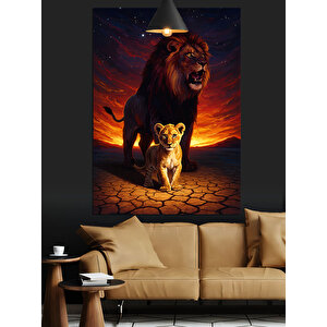 Aslan Ve Yavrusu Çöl Dekoratif Kanvas - Mdf Ahşap Tablo 50x70 cm