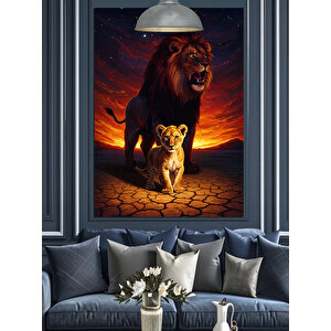 Aslan Ve Yavrusu Çöl Dekoratif Kanvas - Mdf Ahşap Tablo