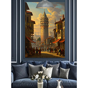 Tarihi Galata Kulesi Ve Sokak Dekoratif Kanvas - Mdf Ahşap Tablo 70x100 cm