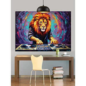 Dj Masasında Aslan Dekoratif Kanvas - Mdf Ahşap Tablo 70x100 cm
