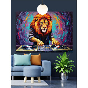 Dj Masasında Aslan Dekoratif Kanvas - Mdf Ahşap Tablo 70x100 cm