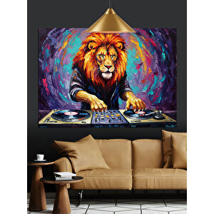 Dj Masasında Aslan Dekoratif Kanvas - Mdf Ahşap Tablo 70x100 cm